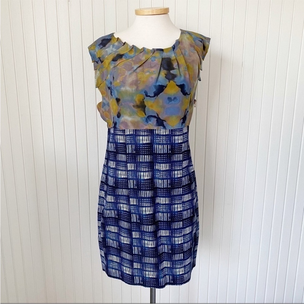 NWT Rachel Roy Sheath Dress Blue Earth Tones Mixed Patterns Checkered Size 12
